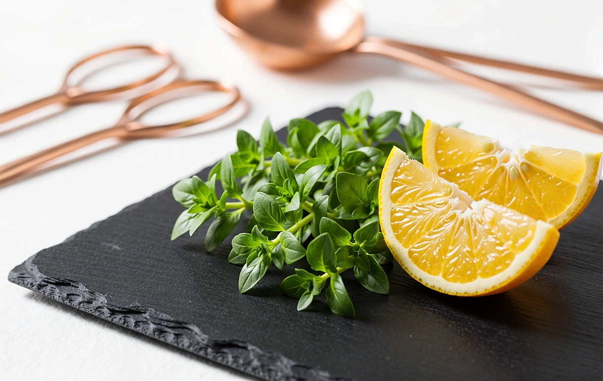 Frische Kräuter und Zitrusfrüchte auf Schiefer